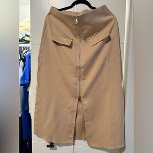 Tan Midi Skirt with Front Zipper
